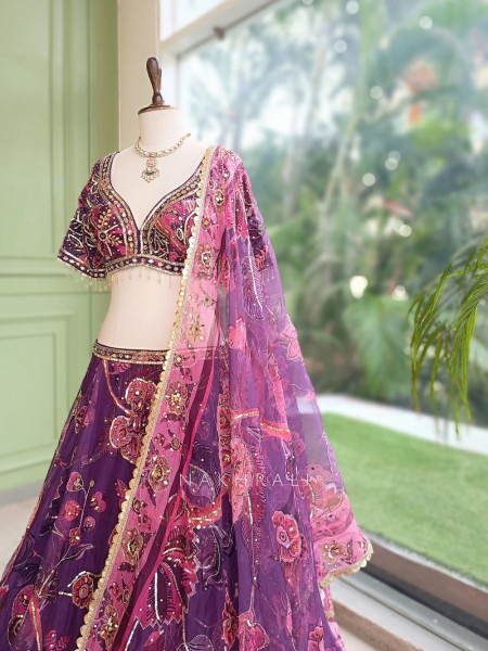Nishaara Purple Organza Silk Lehenga Set