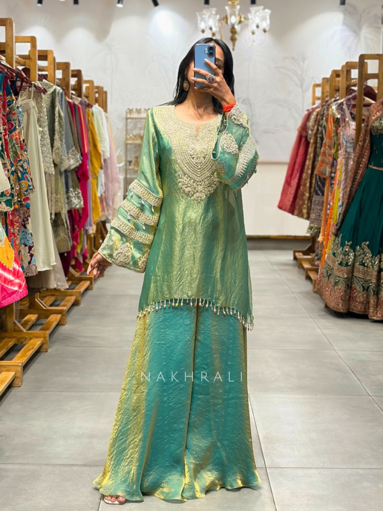 Image of Averra Jade Green Embroidered Palazzo Kurta Set