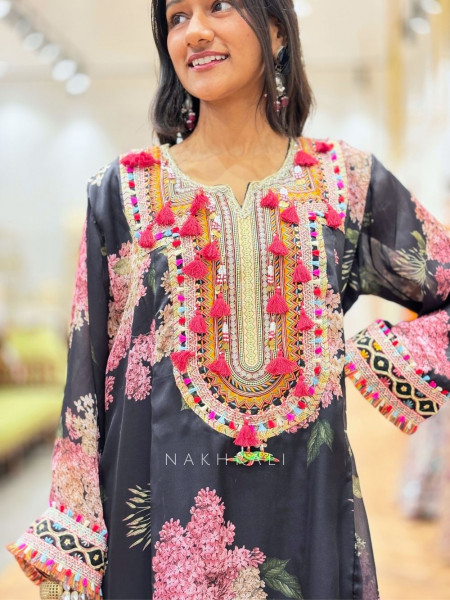 Zerina Black Floral Pakistani Suit Set with Embroidered Neckline