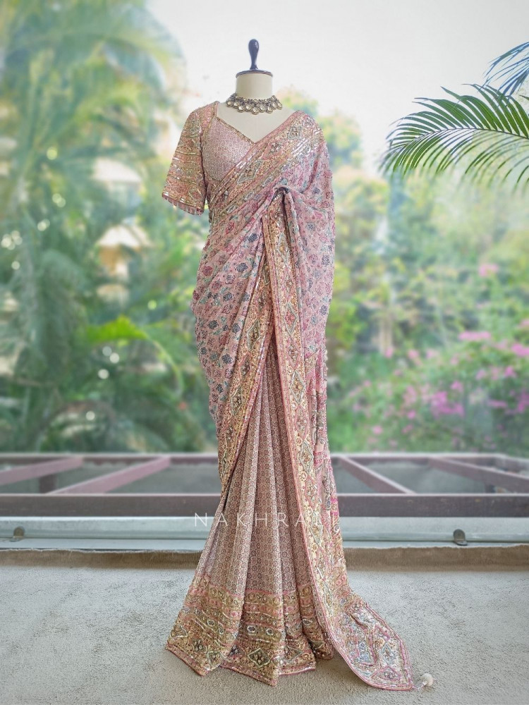Image of Riyaasat Cream Saree with Pastel Print and Sequin Work