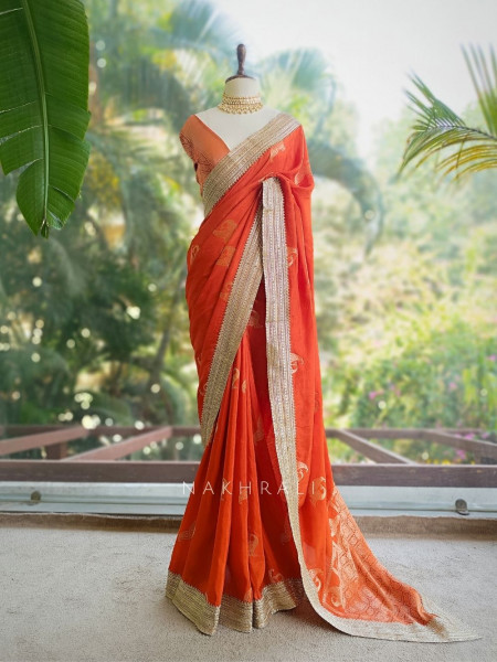 Tavira brick Saree with Broad Border and Unstitched Blouse Piece