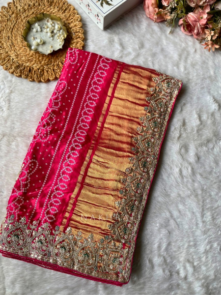 Noor-E-Rangati Magenta Bandhani Saree with Zari Border