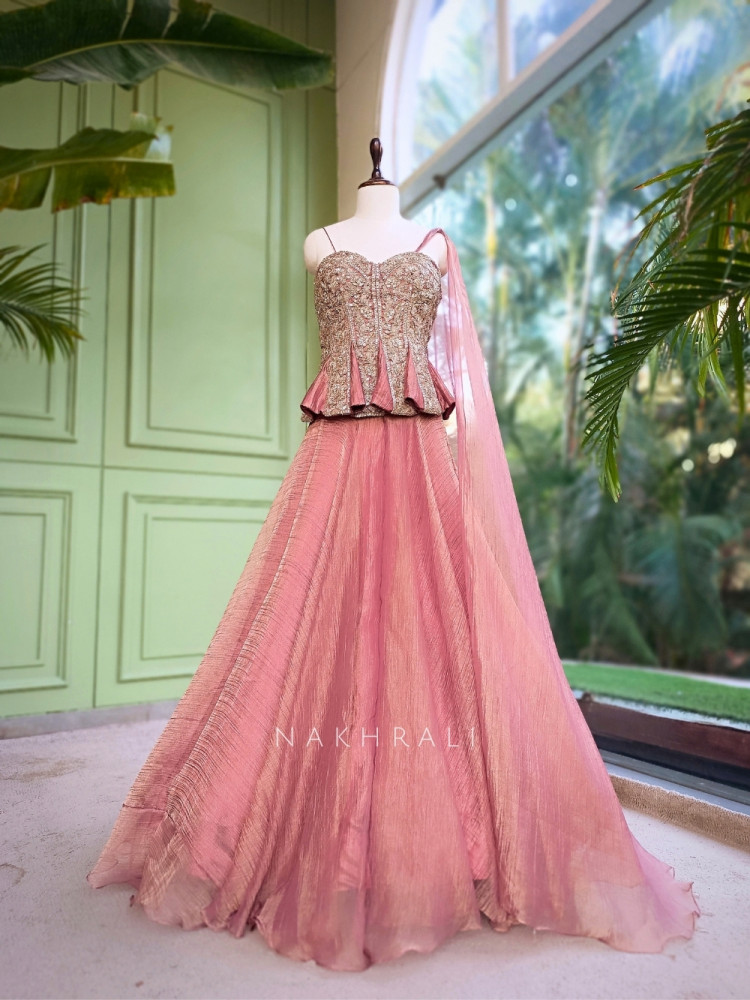 Image of Bespoke Bloom Onion Pink Crushed Shimmer Tissue Fusion Lehenga
