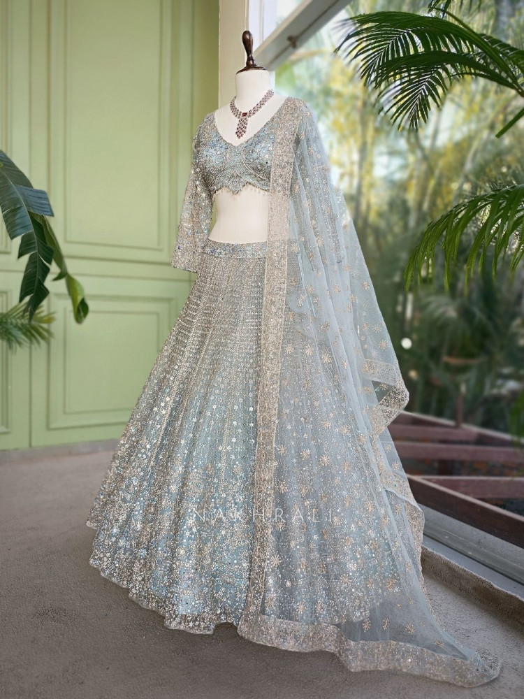 Image of Neelambari Sky Blue Lehenga Set with Thread and Sequin Work