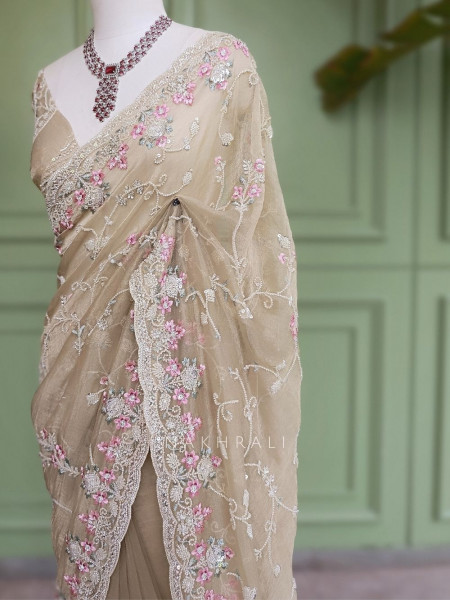 Sorelle Beige Organza Saree with Cut Dana Embroidery