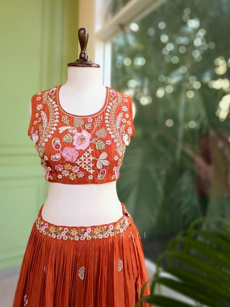 Ira Orange Embroidered Crop Top Skirt Set with Cape Dupatta