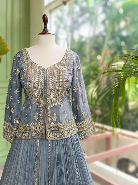 Slatecrest Grey Chinnon & Soft Net Jacket Lehenga Set