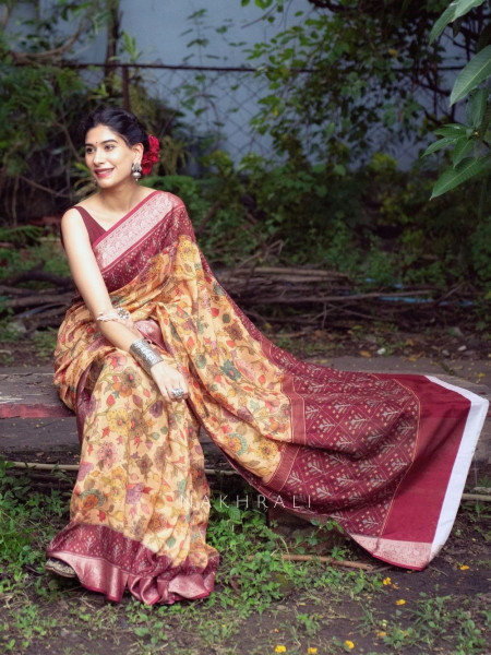 Mehek Mustard Floral Saree with Subtle Zari Detailing