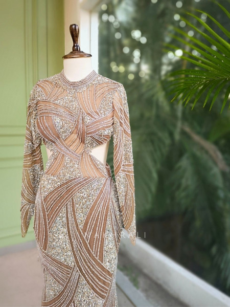 Aurora Brown Net Gown with Heavy Embroidery Work