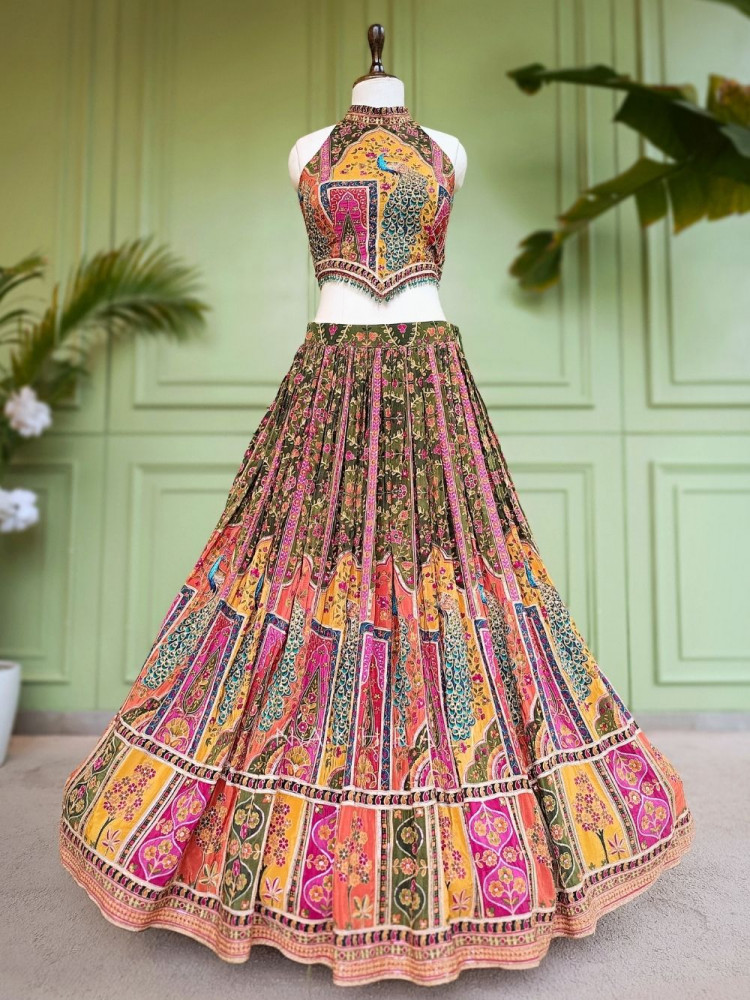 Image of Gulnaar-e-Ishq Mehendi Green Peacock Print Halter Neck Lehenga Set