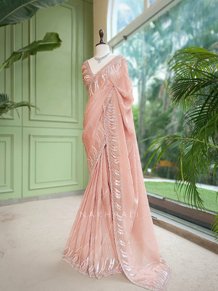 Luxe Linear Peach Italian Silk Saree