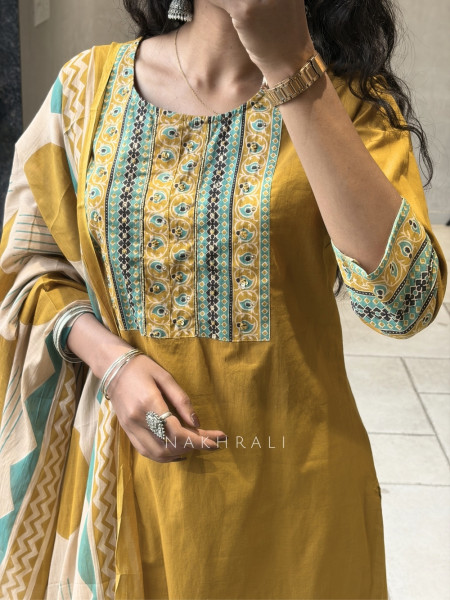 Virexa Mustard Printed Yoke Kurta Pant Set with Dupatta