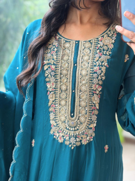 Firdaus Scallop Teal Blue Anarkali Suit Set