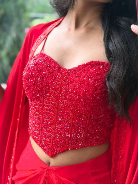Alisha Draped Red Indo-Western Crop Top Skirt Set