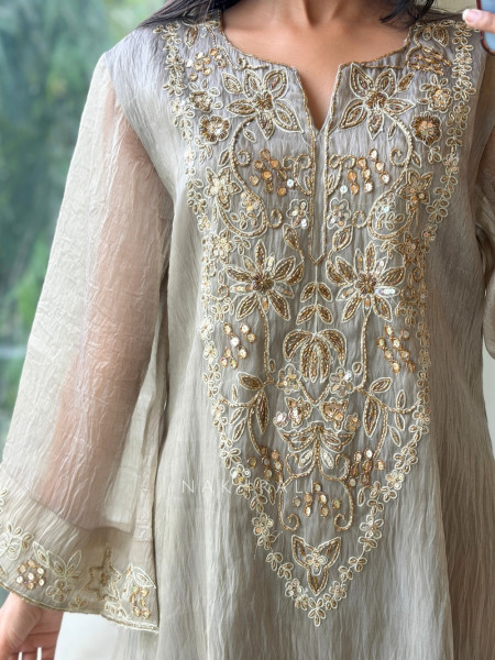 Shabnam Crinkle Light Grey Organza Tissue Kurta Pant Set