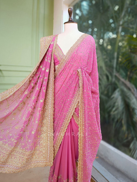 Ajmal Pink Two-Piece Saree Set with Dupatta