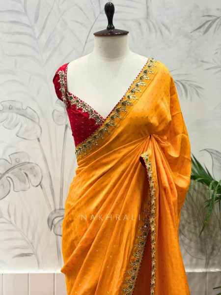 Verdant Red & Mustard Bandhej Saree Zari Border Work