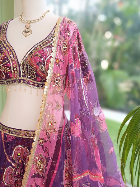 Nishaara Purple Organza Silk Lehenga Set