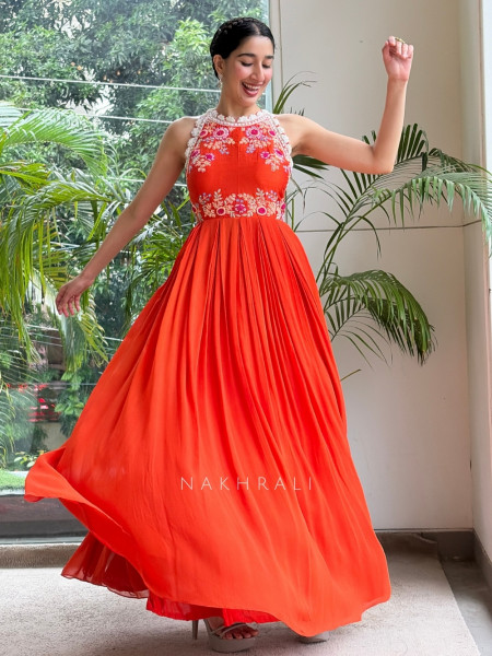 Zariana Zest Orange Georgette Long Dress