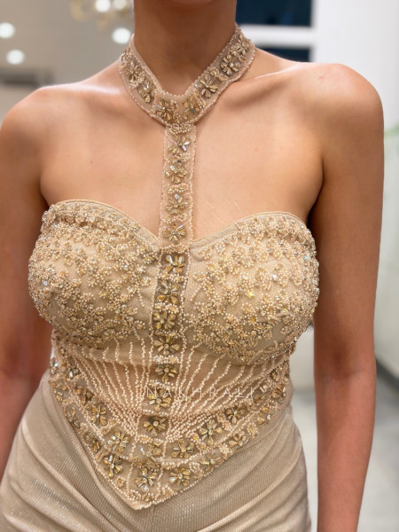 Glamour Beige Mesh Net & Lurex-Blend Crepe Indo-Western Crop Top Skirt Set