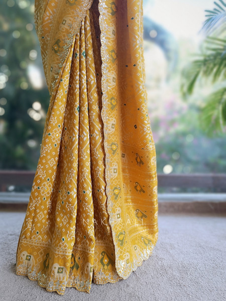 Zoraya Mustard Ghatchola Saree with Elephant Motif Border