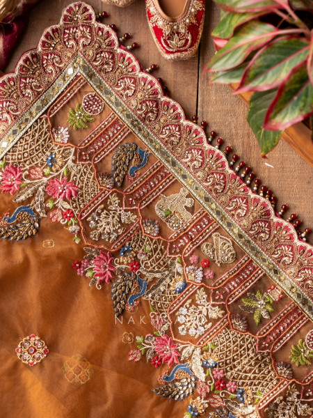 Rangmahal Rustic Orange Net Saree with Embroidered Blouse