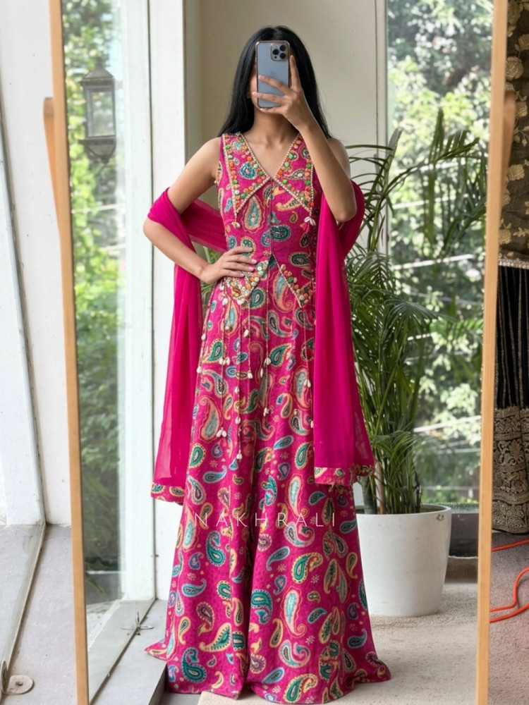 Image of Turquoise Fusion Magenta Crop Top Plazo