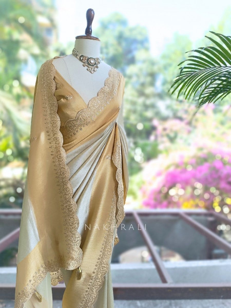 Skylight Cream Zari Weaved Saree with Embroidered Border