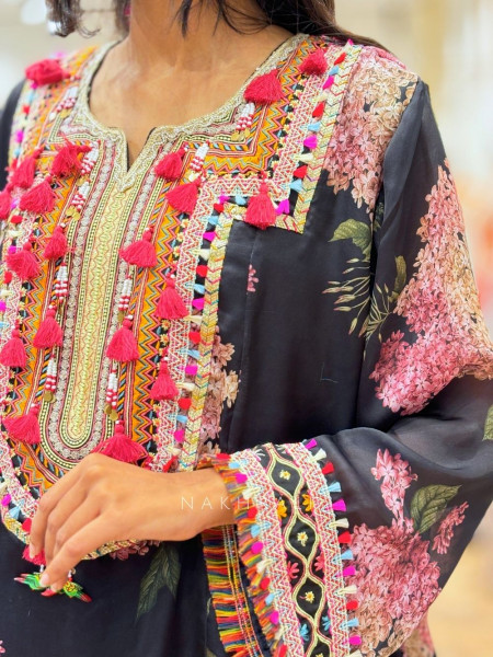Zerina Black Floral Pakistani Suit Set with Embroidered Neckline
