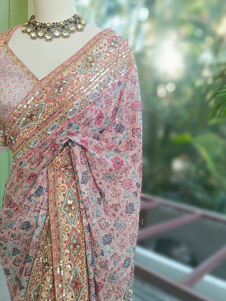 Riyaasat Cream Saree with Pastel Print and Sequin Work