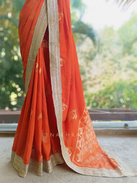 Tavira brick Saree with Broad Border and Unstitched Blouse Piece