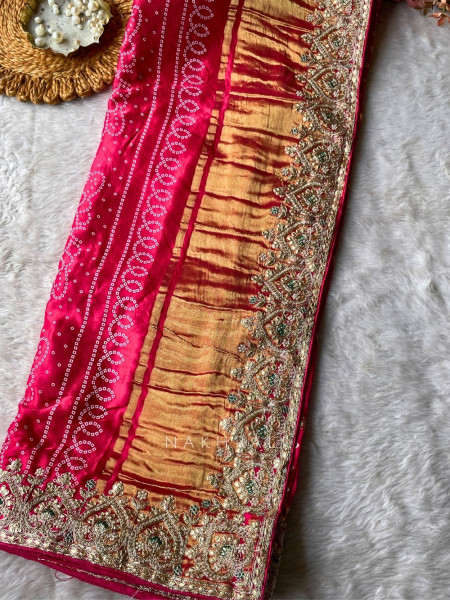 Noor-E-Rangati Magenta Bandhani Saree with Zari Border