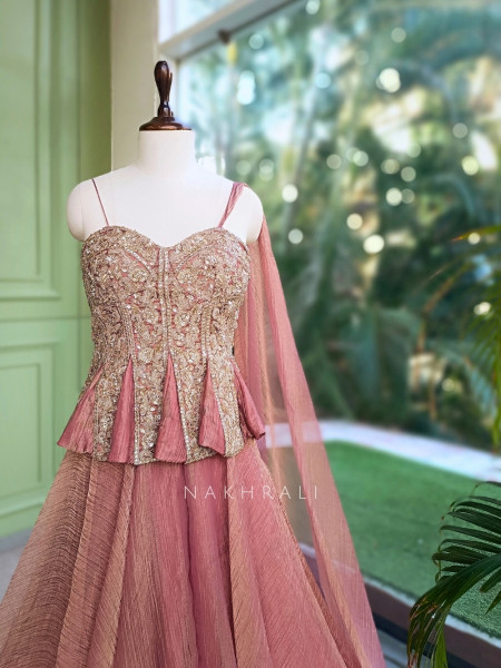 Bespoke Bloom Onion Pink Crushed Shimmer Tissue Fusion Lehenga