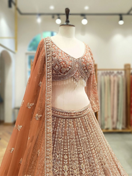 Krynor Peach Lehenga Set with Cut Dana & Sequin Work