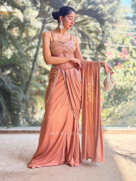 Noir Diva Peach Drape Saree with Sequin and Cut Dana Work