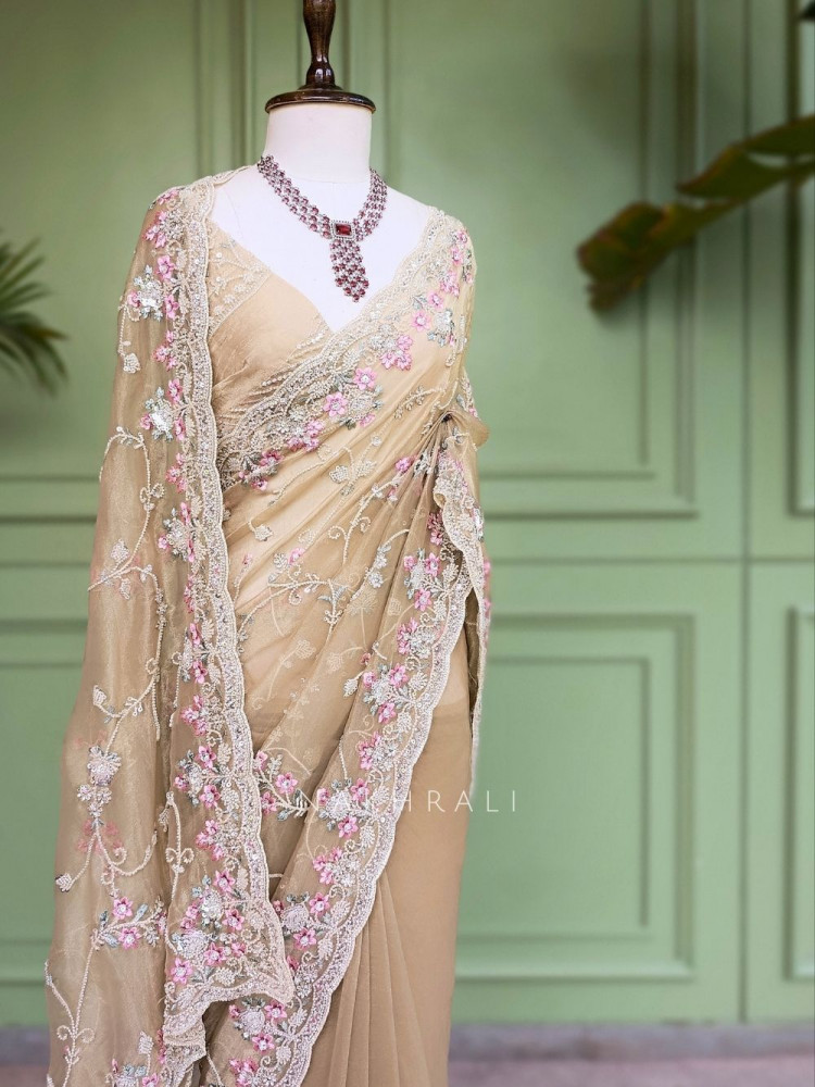 Image of Sorelle Beige Organza Saree with Cut Dana Embroidery