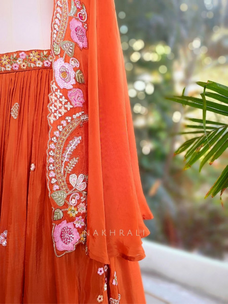 Ira Orange Embroidered Crop Top Skirt Set with Cape Dupatta