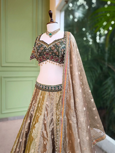 Ruhani Olive Green Velvet Zari Sequin Lehenga