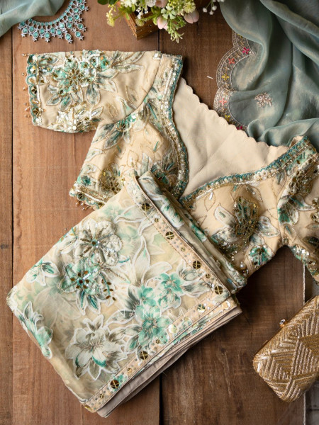 Lily Meadow Cream  Saree with Sequin Floral Work