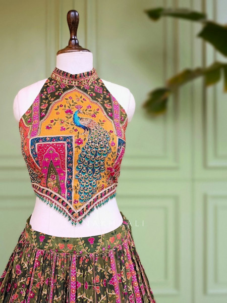 Gulnaar-e-Ishq Mehendi Green Peacock Print Halter Neck Lehenga Set