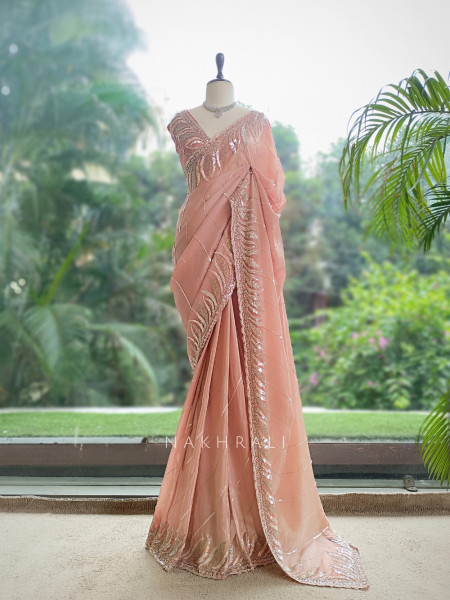 Luxe Linear Peach Italian Silk Saree