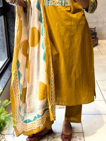 Virexa Mustard Printed Yoke Kurta Pant Set with Dupatta