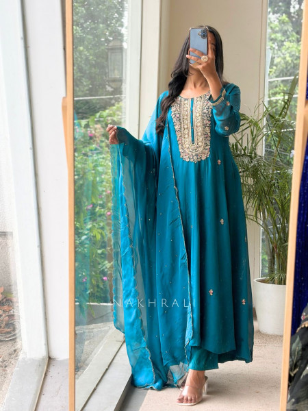 Firdaus Scallop Teal Blue Anarkali Suit Set