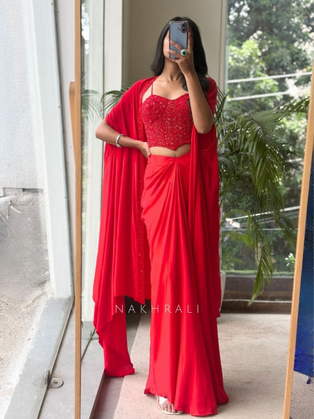 Alisha Draped Red Indo-Western Crop Top Skirt Set