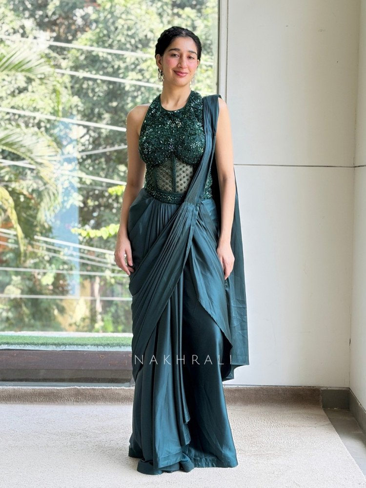 Image of Lioren Green Pre-Draped Corset Saree