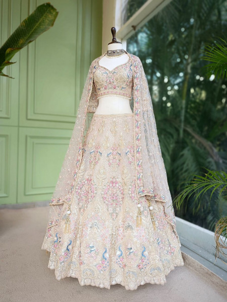 Amira Cream Embroidered Net Lehenga with Sequin Work