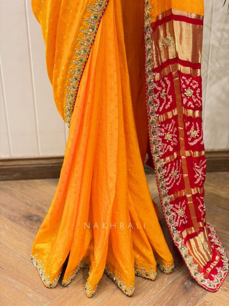 Verdant Red & Mustard Bandhej Saree Zari Border Work