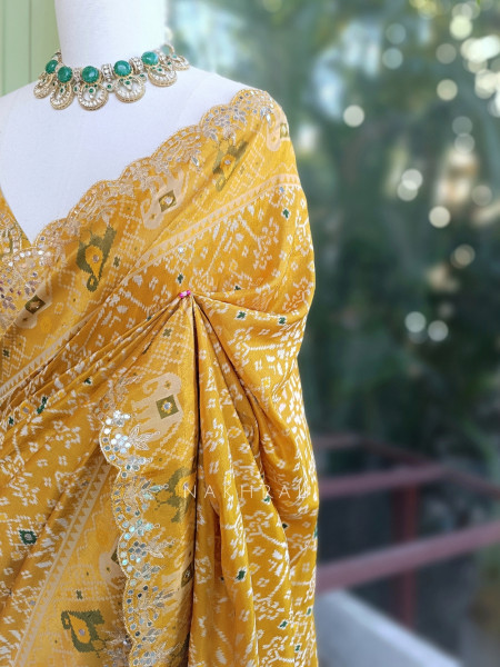 Zoraya Mustard Ghatchola Saree with Elephant Motif Border