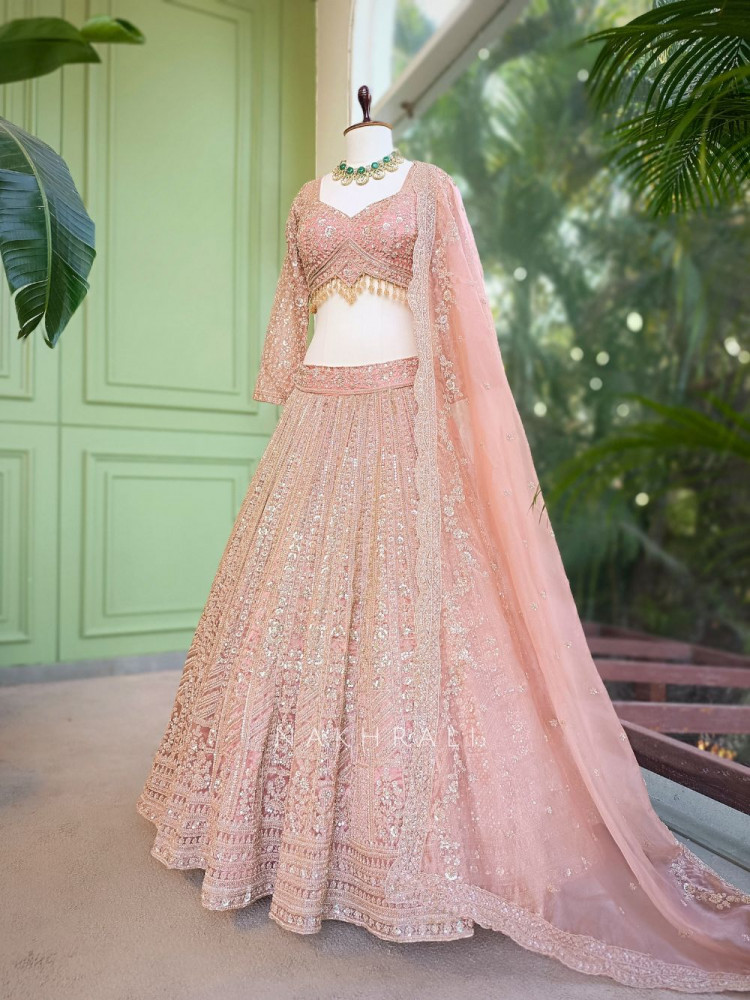 Image of Rajrang Peach Embroidered Lehenga Set with Sequin Work