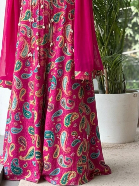 Turquoise Fusion Magenta Crop Top Plazo